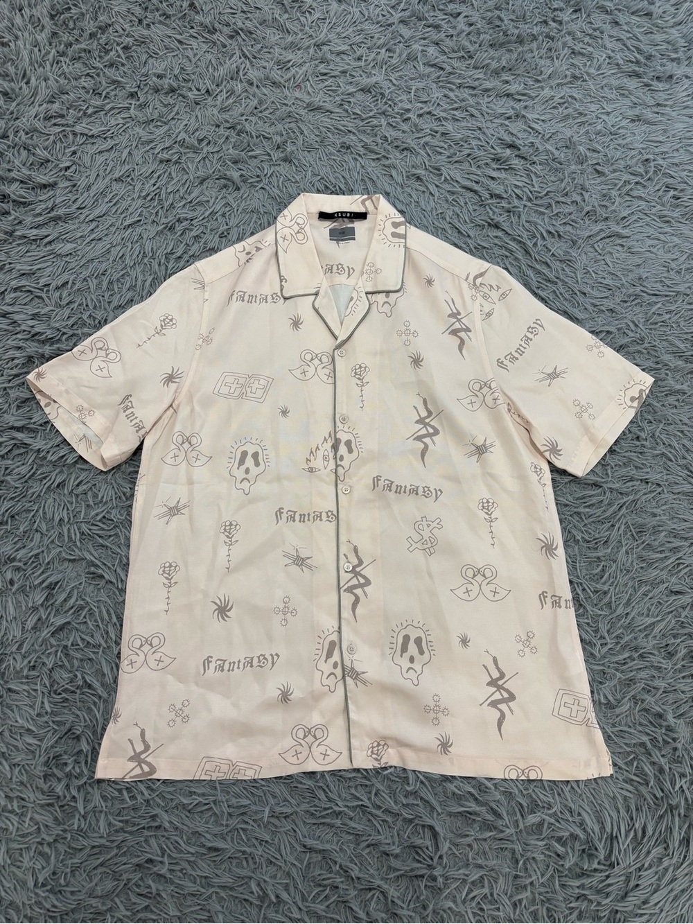 Ksubi Shirt Men’s Large Beige Stick N Poke Short Sleeve Button Up Streetwear